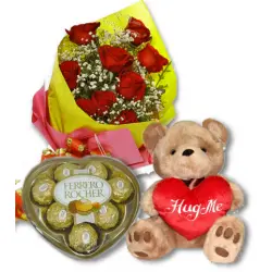 Red Rose bouquet,Ferrero chocolate box With Bear