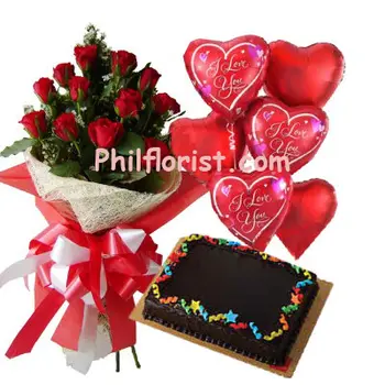 12 Red Roses Bouquet,Balloon w/ Chocolate Cake Send to Philippines